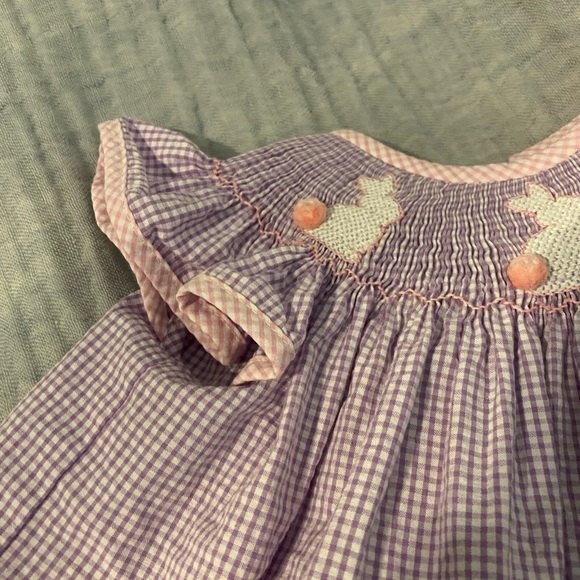 3 months Southern Smocked Company purple/pink smocked gingham bunny dress - Picture 8 of 10